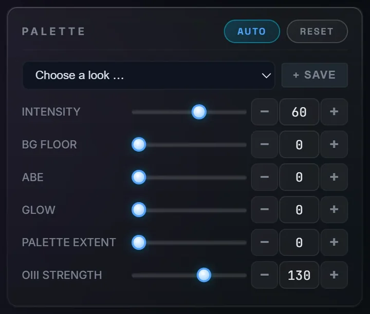 Palette card with intensity and OIII strength