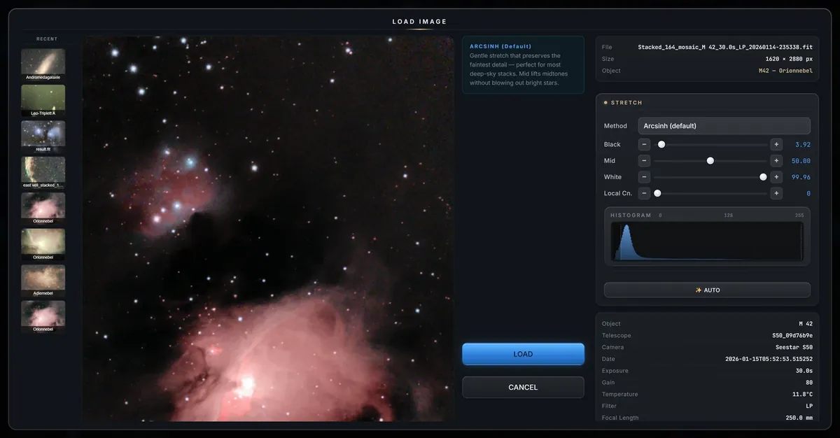 AstroForge after loading an M42 stack