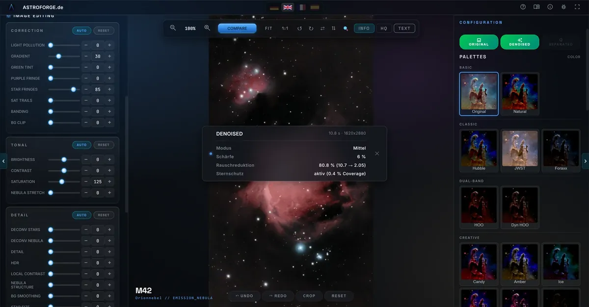 AstroForge after ML denoising with info panel